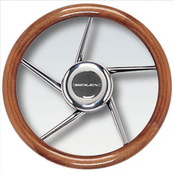 Stainless Steel Helix Spokes Steering Wheel, 13.8" Diameter, Mahogany Grip