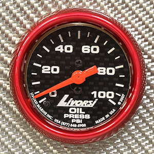 2-1/16" Mechanical Oil Pressure 0-100 PSI, Carbon Fiber Face, Red Mega Rim