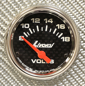 2-1/16" Electric 8-18V Voltmeter, Carbon Fiber Face, Polished SS Mega Rim