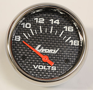 2-5/8"  Electric 8-18V Voltmeter, Carbon Fiber Face, Polished SS Mega Rim