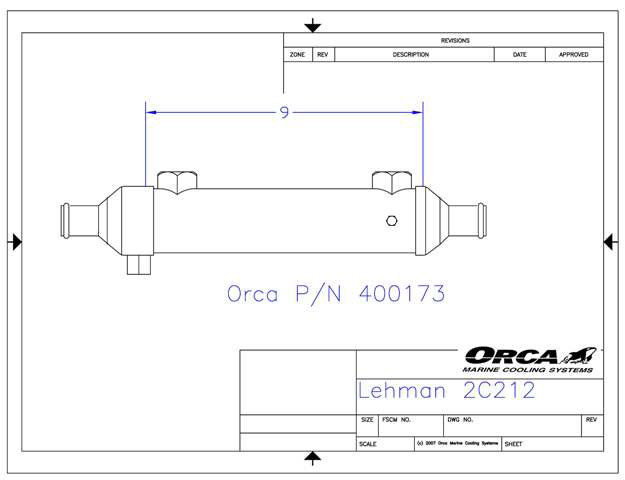 Oil cooler, 2" Diameter x 9" bundle, 3/8 oil fittings with zinc and ground lug