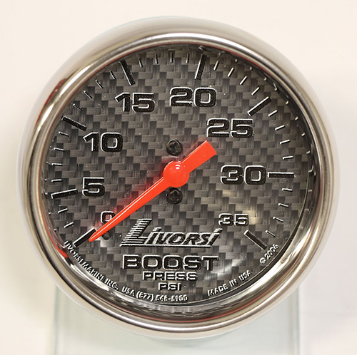 2-5/8" Mechanical 0-35 PSI Boost Gauge, Silver Fiber Face, Polished SS Mega Rim