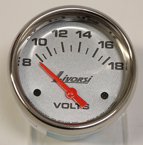 2-5/8"  Electric 8-18V Voltmeter, Platinum Face, Polished SS Mega Rim